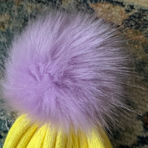 NWT Anthropologie Yellow Beanie with Purple Faux Fur Pom Pom - Picture 2 of 6